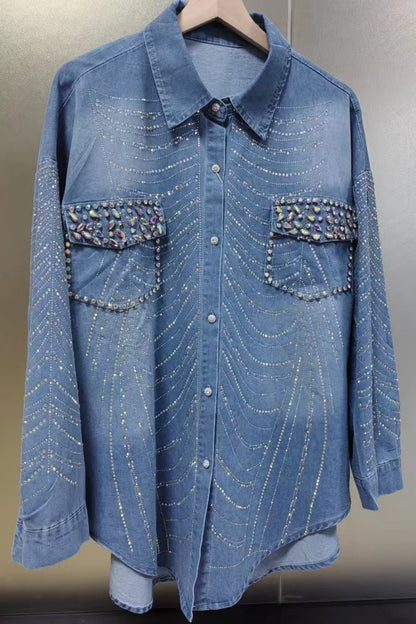 New In Autumn Sparkle Diamonds Mid-length Denim Shirts & Blouses For Women's Fashion Trend 2024   Tops Blusas Woman Clothes