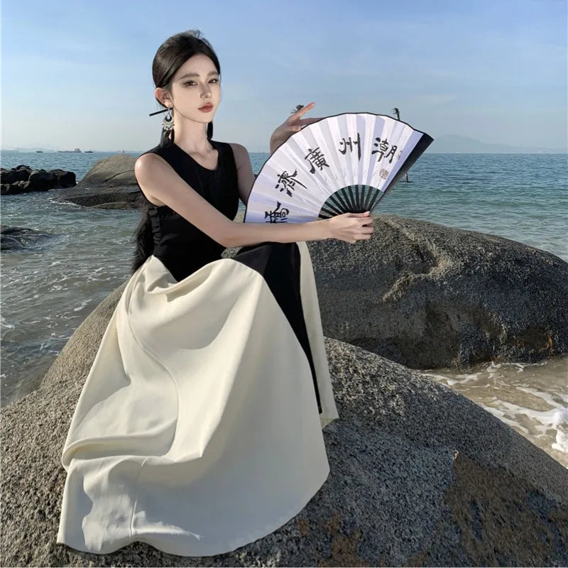 French Contrasting Color Patchwork Dress