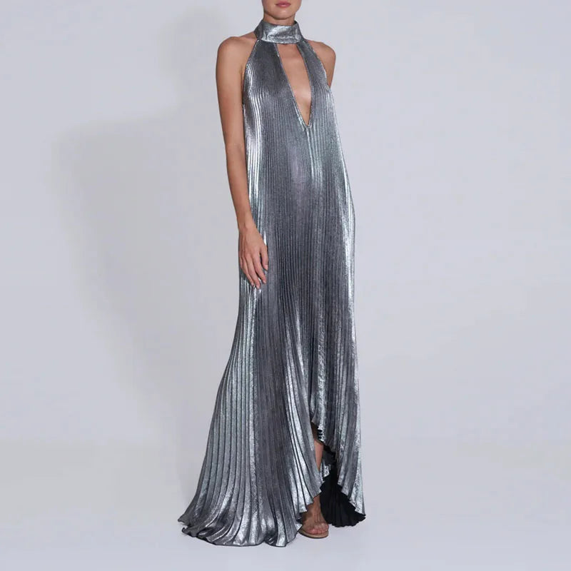 Silver Satin backless Pleated Irregular Dress
