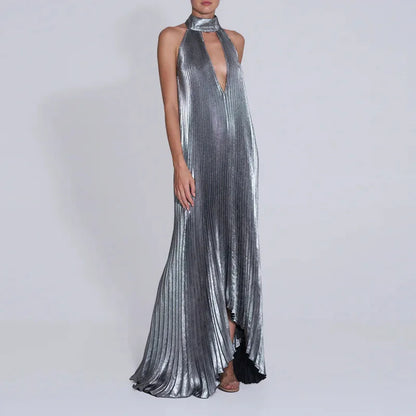 Silver Satin backless Pleated Irregular Dress