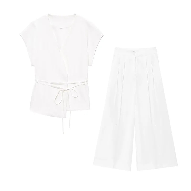 V-Neck Wrap Belted Pants Sets