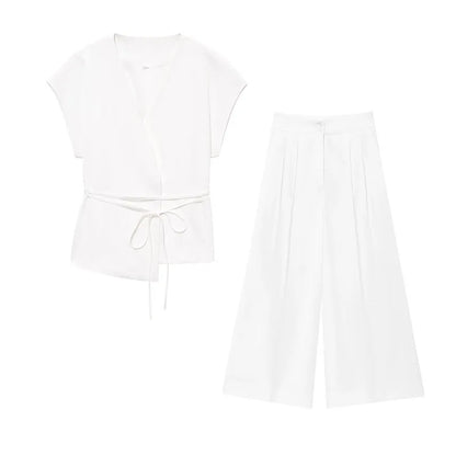 V-Neck Wrap Belted Pants Sets
