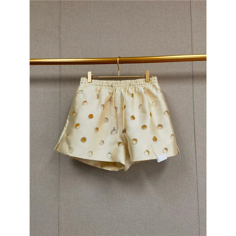 MaSande Early Autumn New Women's Fashionable Hollow out High Waist Drawstring Shorts Ring Detail Casual Pants Straight Leg - Shellss