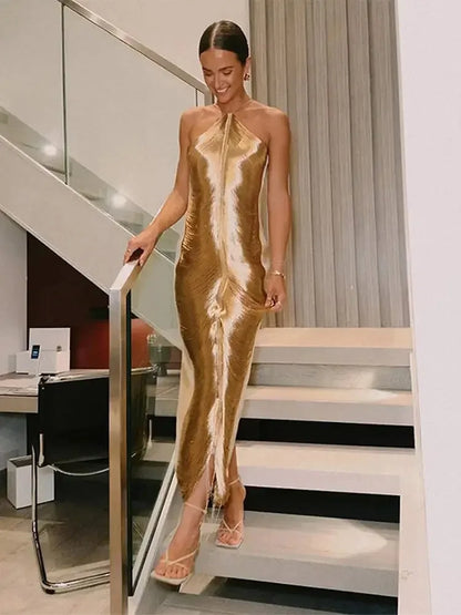 Women's Fashion Tassel Back Split Hanging Neck Dress