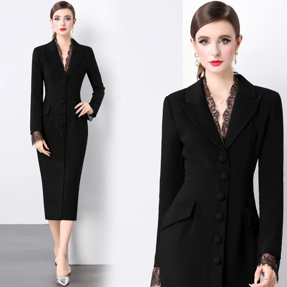 Blazer Dress Women Notched V-Neck Single-Breasted Long