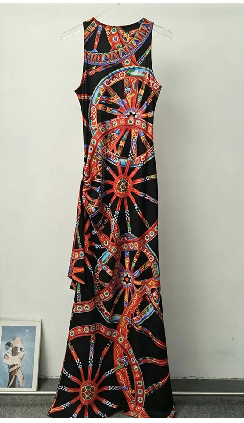 Fashion women's new round neck sleeveless dress colorful wheel print slim irregular temperament dress elegant holiday party dres - Shellss