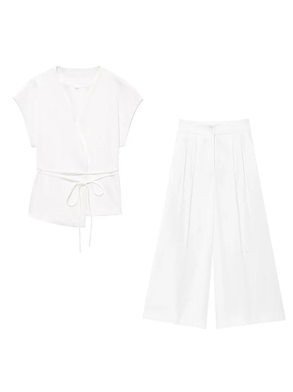 V-Neck Wrap Belted Pants Sets