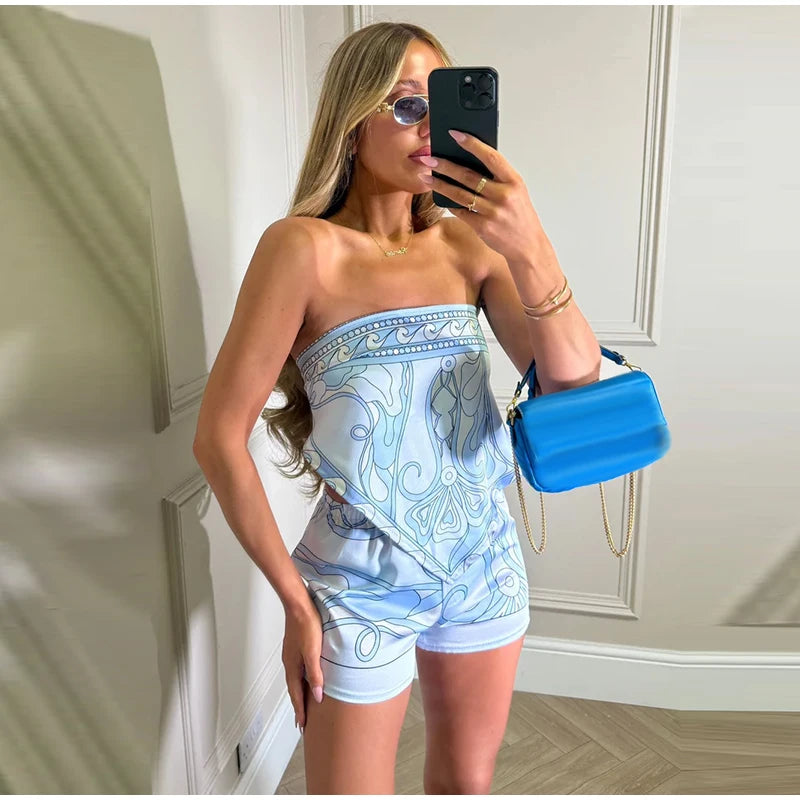 Sexy Women's Satin Printed Vest Shorts Set Lace Up Backless Strapless Crop Tops High Waist Short Pant 2026 Summer Beach Suit