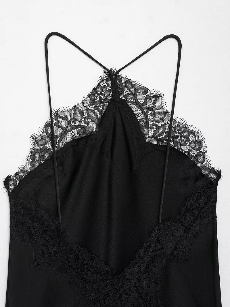 Black Lace Halter Satin Dress