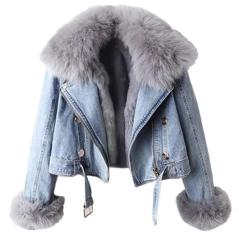 Denim Jacket Casual Punk Biker Faux Fox Fur Zipper Cowboy Coat