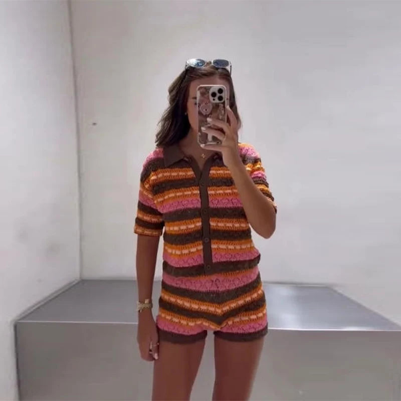 Knitting Stripe Shorts Set