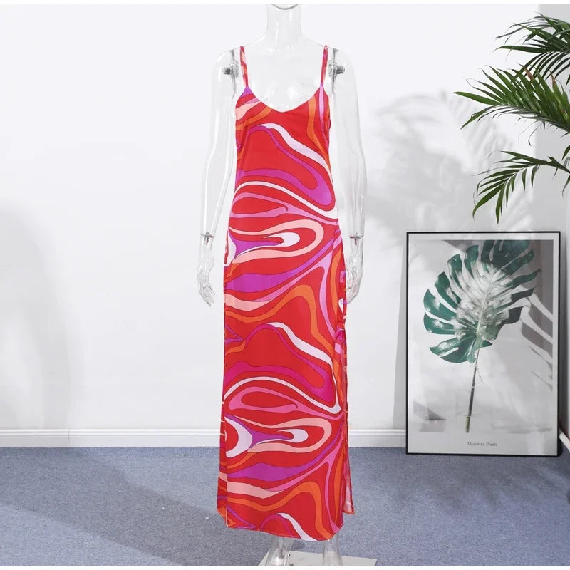 Sexy Printed Sling Long Dress Women Sleeveless Backless High Waist Slim Dresses Female 2026 Summer Beach Vacation Robes Lady