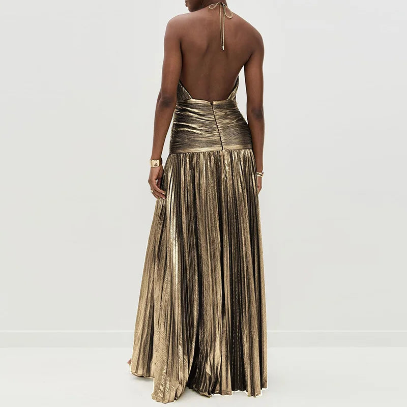 Sexy Off Shoulder Halter Folds Slit Long Dress Luxurious Women Corset Party Dress Gold Halter Neck Evening Dress