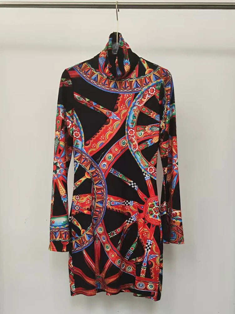 Design Retro Geometric Print High Collar Pullover Waist Dress 2026 Autumn Women's Clothing Fashion Stretch Knit Hip Cover Skirt - Shellss