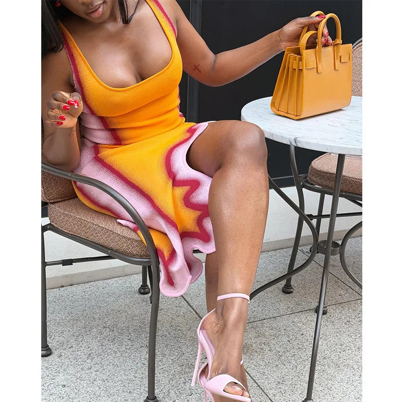 Square Neck Sleeveless Fitted Midi Dress Gradient Color Wavy Ruffle Trim Asymmetric Hem Evening Outfit For Women