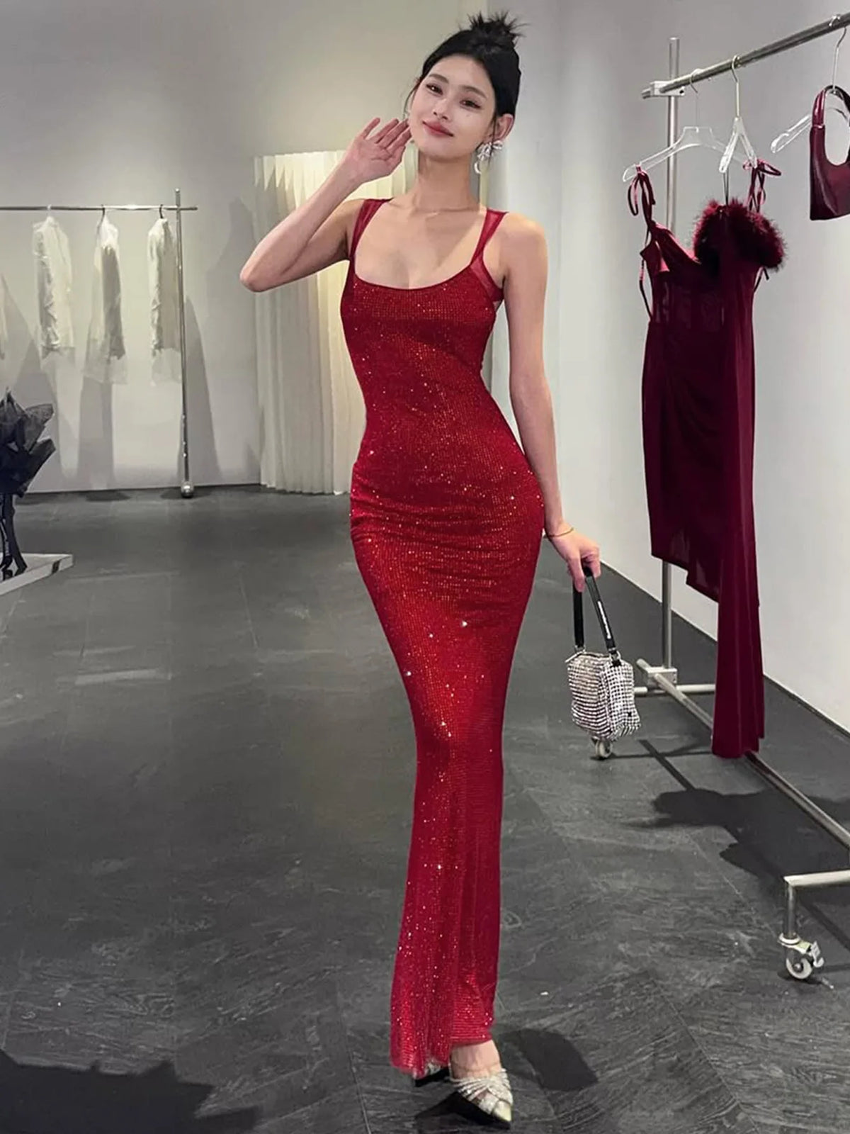 Luxury Backless Mesh Splicing Sleeveless Long Party Dresses High Waist Bodycon Gowns for Women Sexy Style No Brand Registered