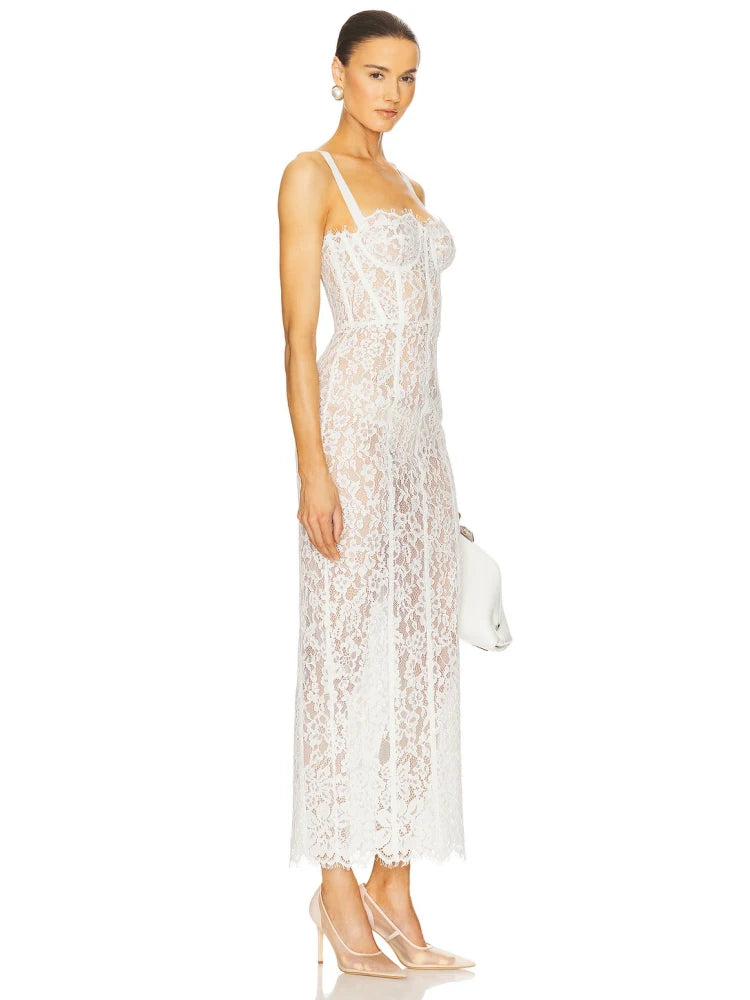 Sexy Spaghetti Strap V Neck Lace Long Dress Women Black Floral Lace Sleeveless Bodycon Dresses Elegant Evening Celebrity Party - Shellss