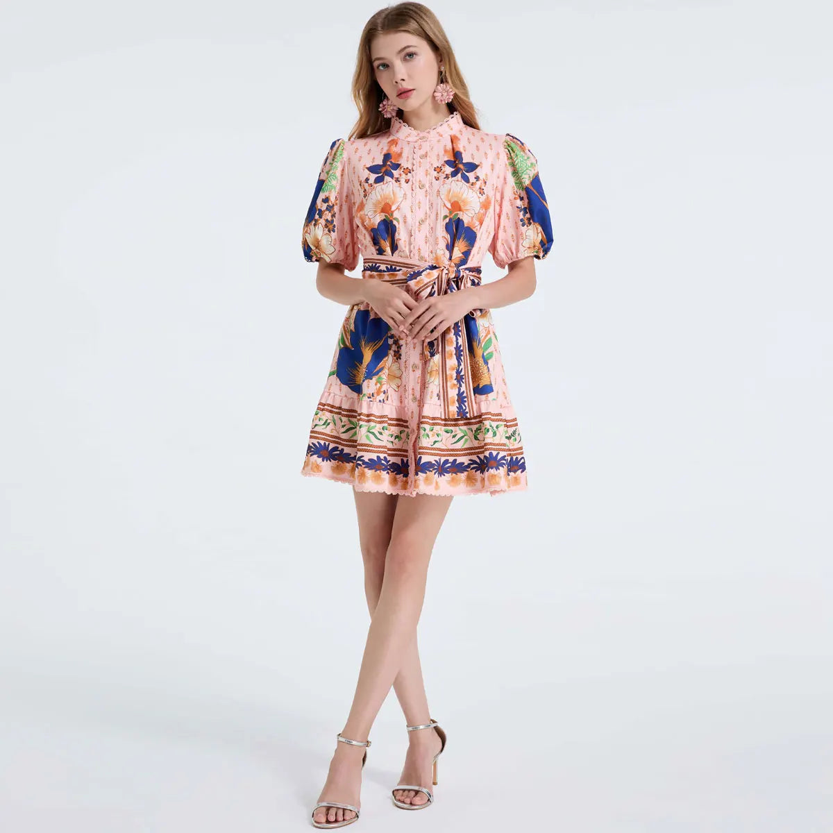 Pink Bubble Sleeve Ruffle Hem Slimming Dress with Belt Large Skirt Dress Single Button Print Street Style Long A- Line Dress New