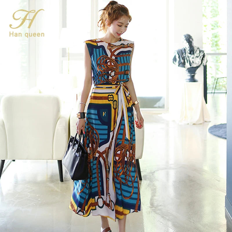 H Han Queen Hot Sales Korean Women's Summer Sexy Prints Work 2 Pieces Set Sleeveless Tops & A-Line Long Skirt Korean Skirt Suit