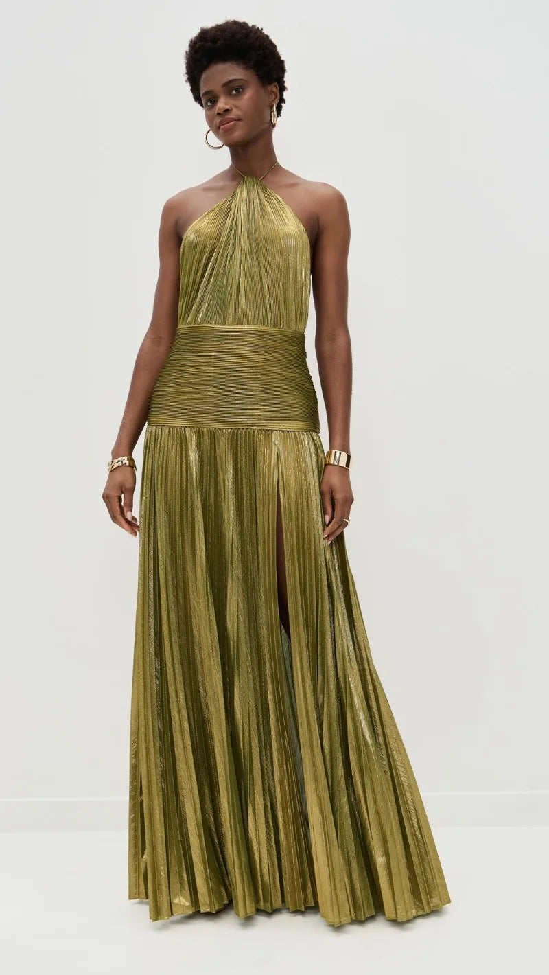 Sexy Off Shoulder Halter Folds Slit Long Dress Luxurious Women Corset Party Dress Gold Halter Neck Evening Dress