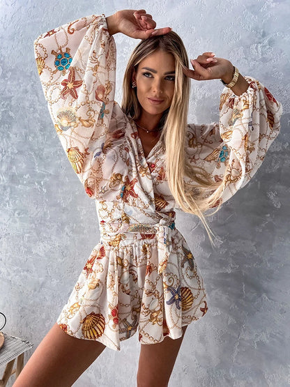 Boho Chic V-Neck Lantern Sleeve Romper