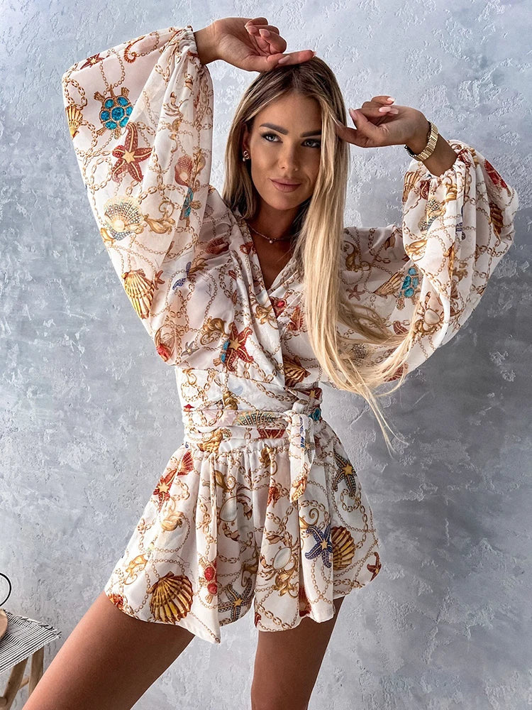 Boho Chic V-Neck Lantern Sleeve Romper - Shellss