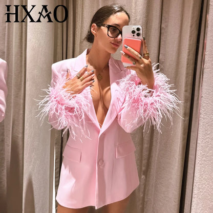 Pink Feather Blazer Dress