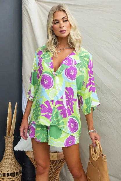 Retro Print Short Sleeve 2PCS Loose Suits