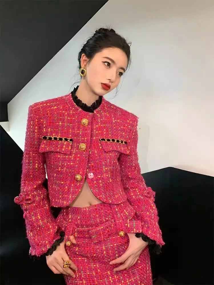 Pink Tweed Short Jacket & Skirt Two Piece - Shellss