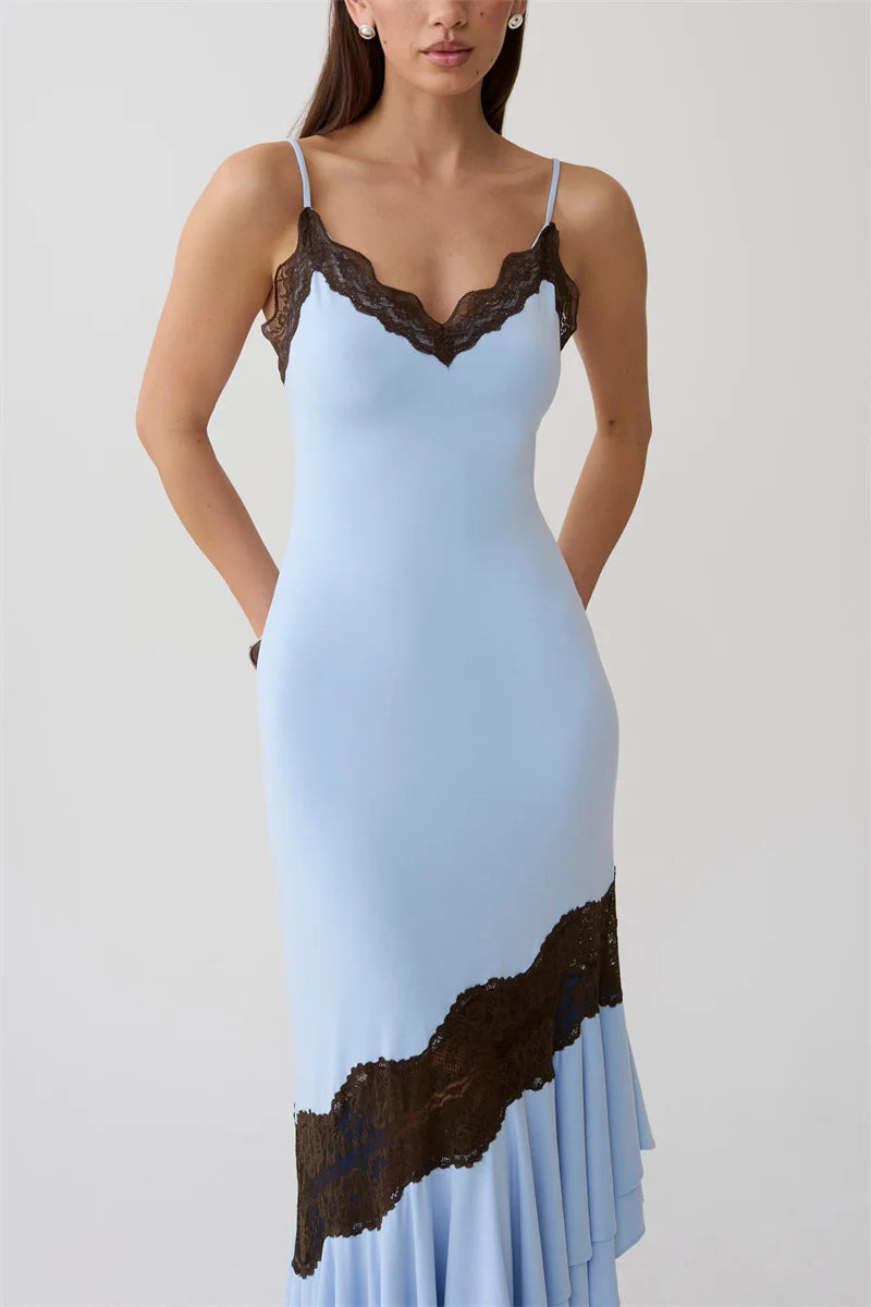 Mozision Women Spaghetti Strap V‑Neck Sexy Midi Dress Contrast White Lace Patchwork Ruffle Hem Bodycon Party Evening Dresses