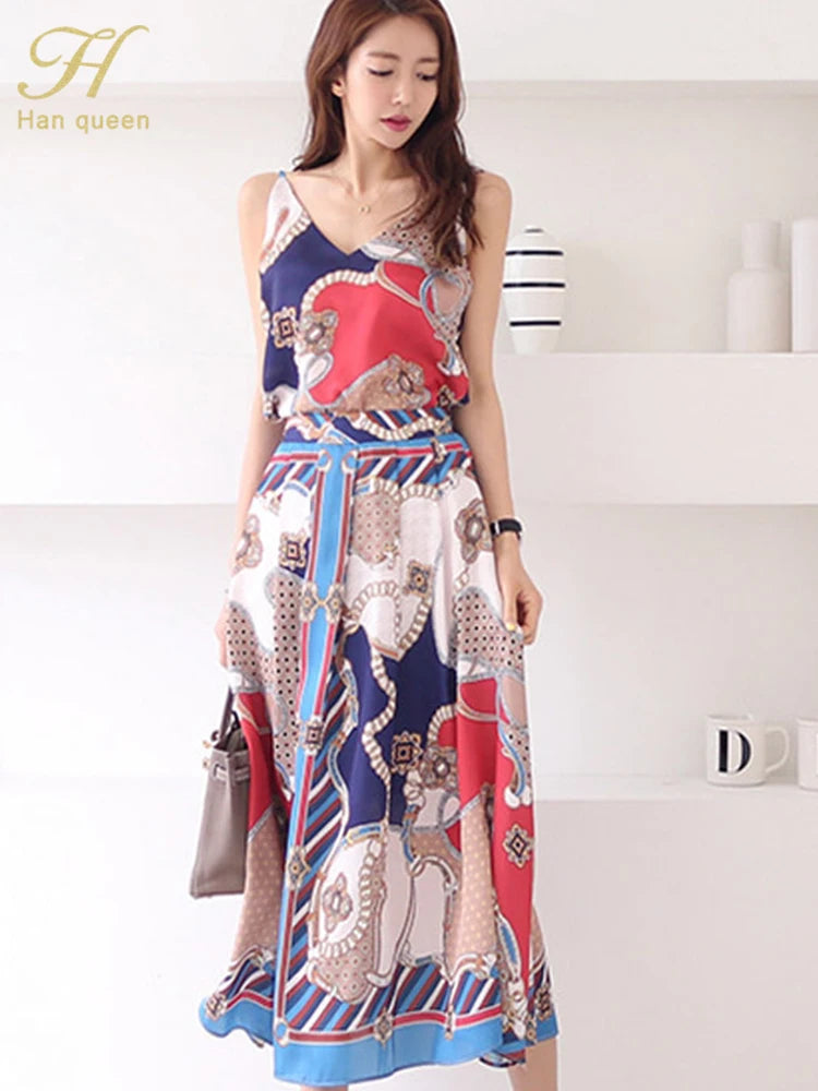 H Han Queen Hot Sale Summer Women Print Work 2 Pieces Set Camisole Top Blouses + Vintage A-Line Skirt Korean Simple Skirt Suit