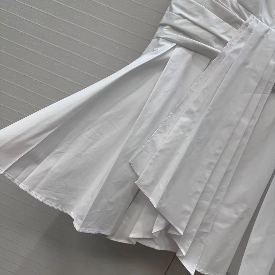 Elegant Fashion Summer White Dress Women Sweet Lapel Sleeveless Slim Wasit Lace-up Belt Mini Dresses