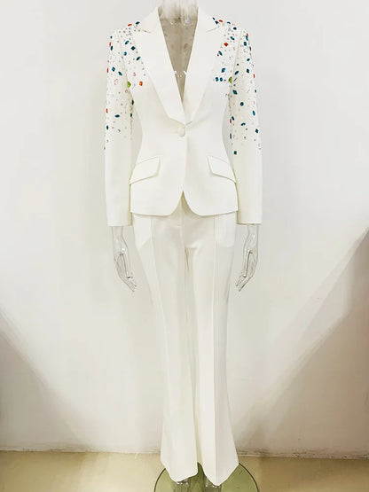 White Pant Suits Women handmade Beading Premium