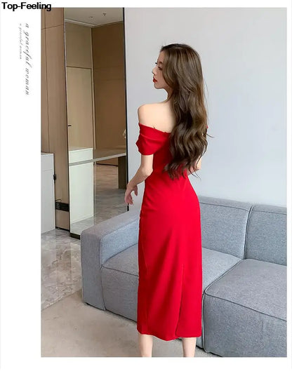 Elegant Off Shoulder Evening Party Dresses ONE SHOULDER DROP SHOULDER red