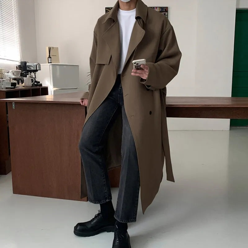 Trench Men Coat British Style Solid Double Breasted Oversize Leisure Long Coats