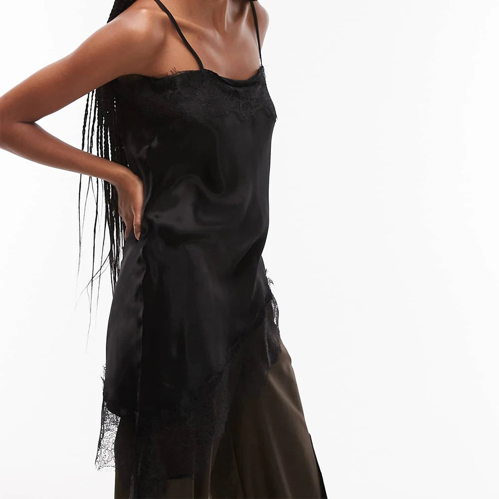 Vintage Lace Satin Asymmetrical Tanks Tops - Shellss