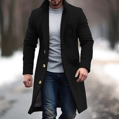 Mid Length Men Winter Windbreaker Jacket Solid Color Lapel Single Breasted