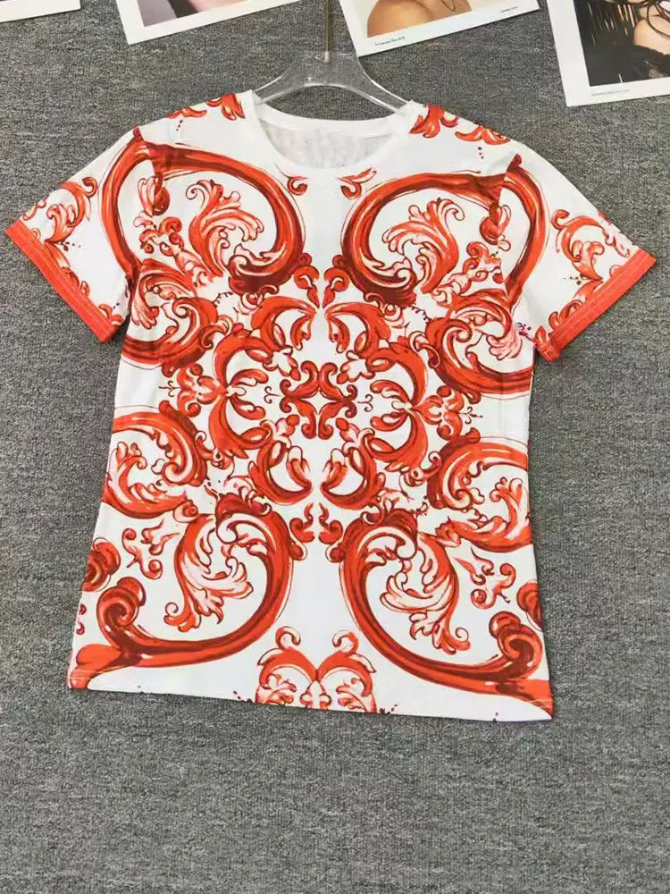 2026 Fashion Print Two-Piece Suit T-Sleeve T-Shirt round Neck Short Sleeves Big Fluffy Skirt Temperament Female Dress Code - Shellss