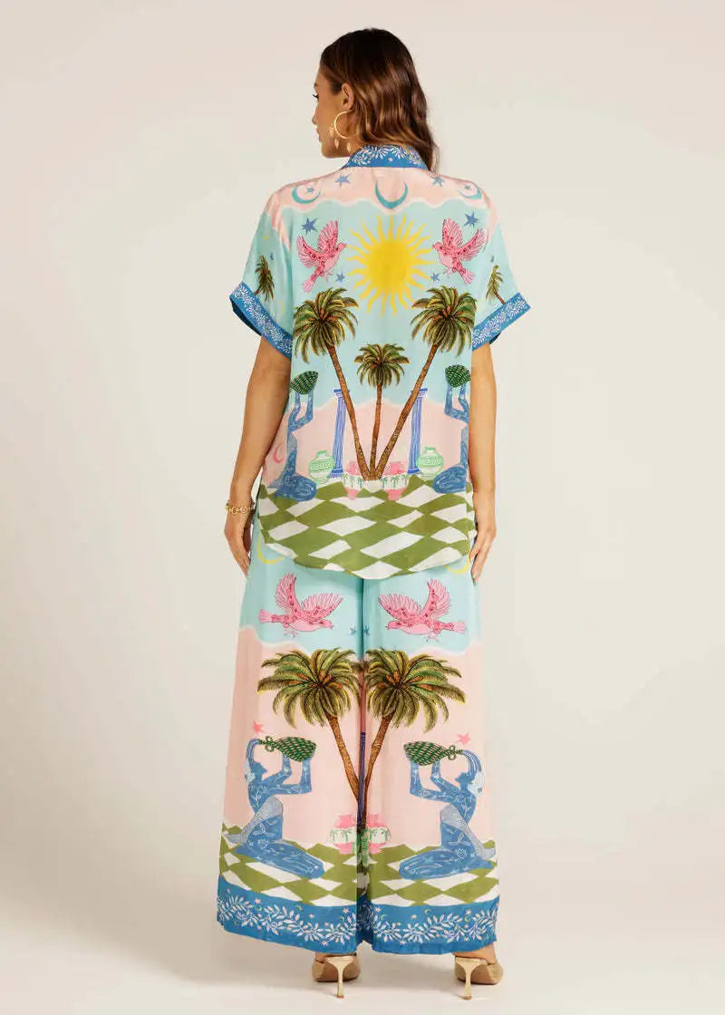 Printed Short Sleeve Tether Set Women's Fashion Ensemble Long Pants Winter Season Brand Unbranded Three-piece Combination - Shellss