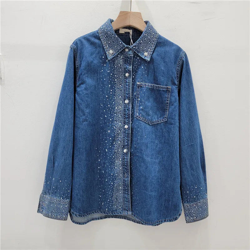 Women Hot Drilling Diamonds Beaded Denim Shirts Spring Sequined Rhinestones Jeans Blouses Jacket Long Sleeved Cardigan Tops 2024