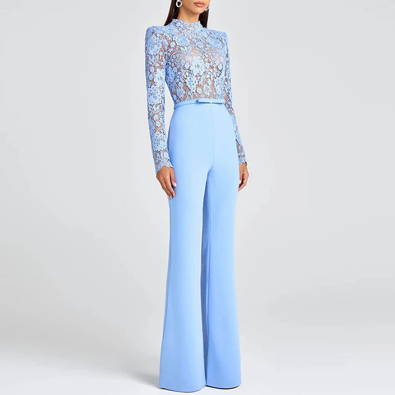 Jacquard Lace High-waisted Jumpsuit Embroidery Crochet