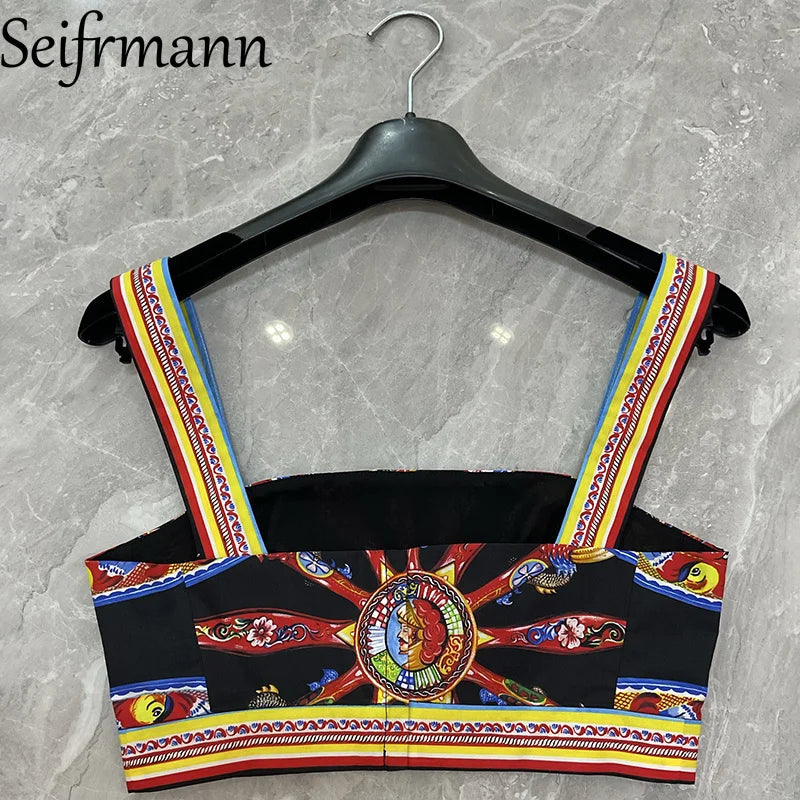 Seifrmann Casual printed cotton two-piece square neck sleeveless top high waist skirt suit 2026 autumn women's new style - Shellss