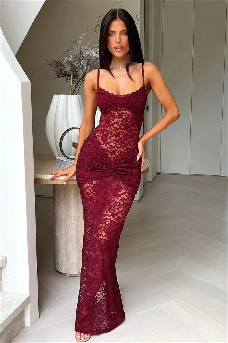 Mozision Lace Spaghetti Strap Sexy Maxi Dress Women Elegant See Through Sleeveless Backless Ruched Slinky Club Party Long Dress
