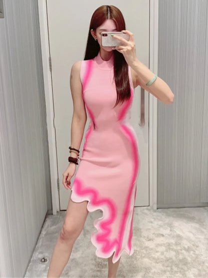 Modphy 2025 Asymmetrical Wavy Hem Round Collar Devise Tie Dyeing Printing Pink Knit Sleeveless Dresses Female Knitting Vestido