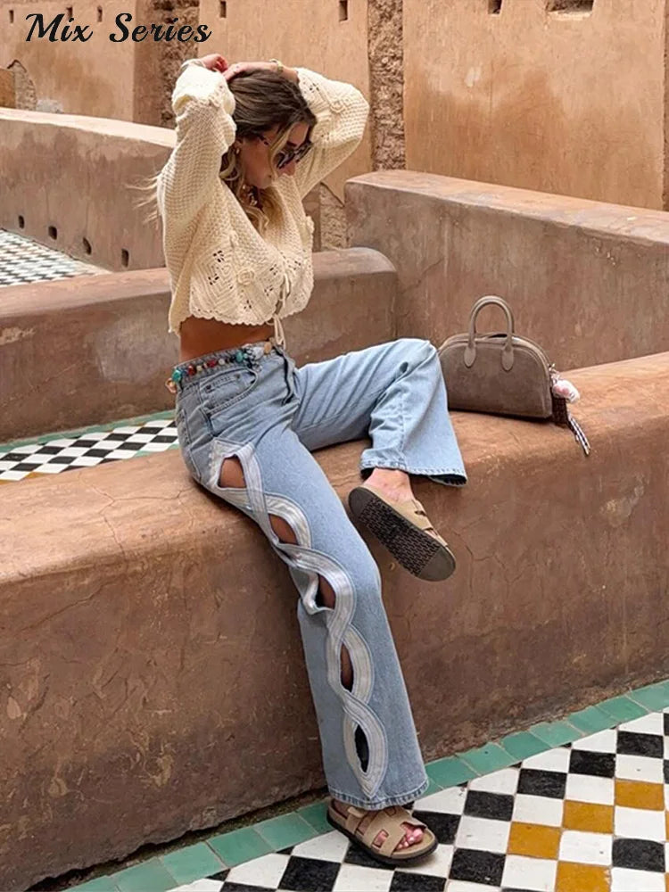 Fashion Side Hollow Out Jeans Women's High Waist Straight Leg Denim Pants 2026 Summer New Lady Trendy Casual Streetwear