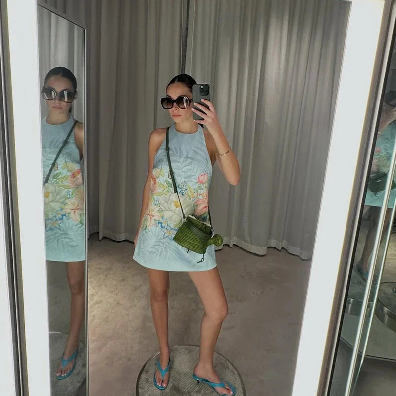 Bohemian Floral Print Halter Neck Mini Dress Women Sexy Sleeveless Backless Short Skirt Lady Summer Party Vacation Beachwear