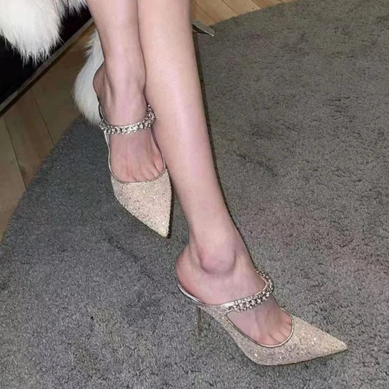 Celebrity Diamond Chain Mueller Shoes Pointy Mesh High-Heeled Sandals