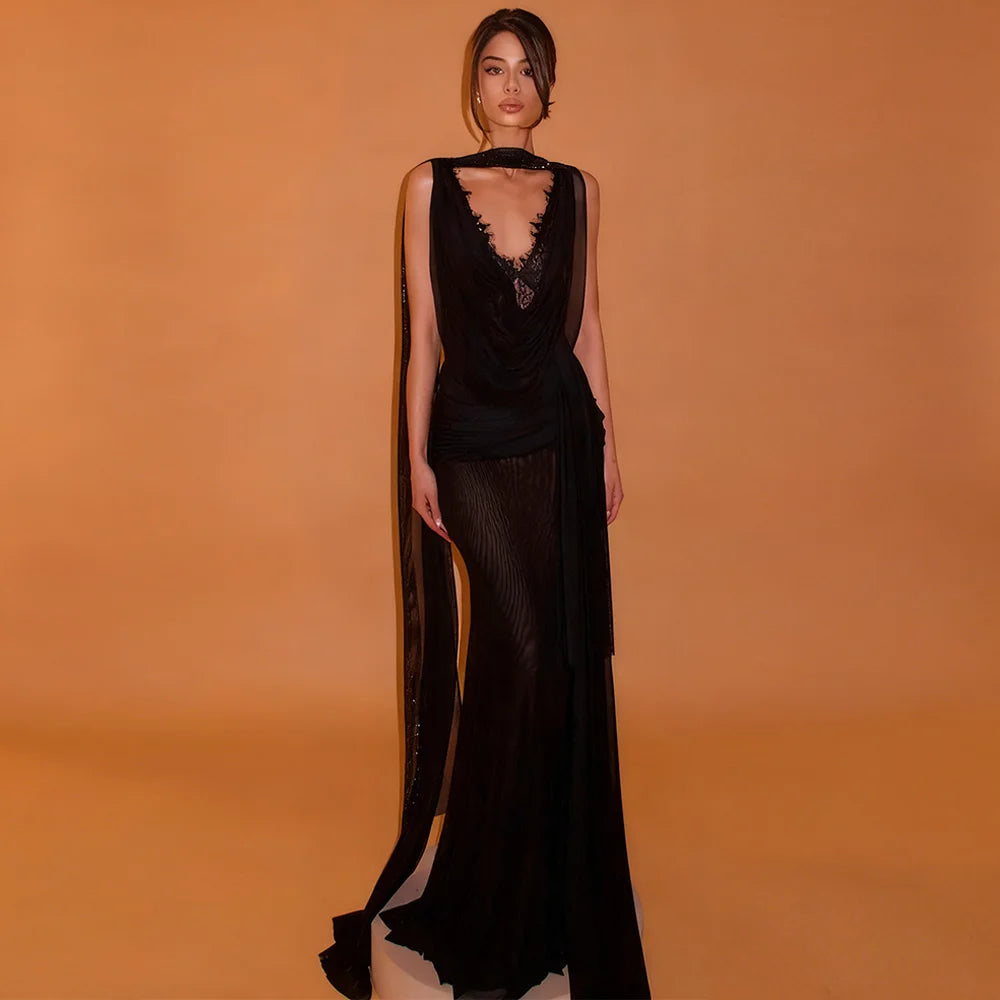 Customized Sexy Deep V-Neck Evening Dress Elegant Mermaid Sleeveless Celebrity Gowns High Quality Lace Homecoming Dresses