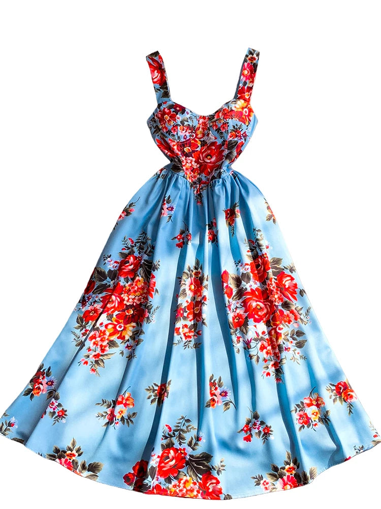 Retro Print Strapless Tube Dress Women's Summer Slimming A-Line Long Dress Court Style with Chest Pad Comfortable Breathable