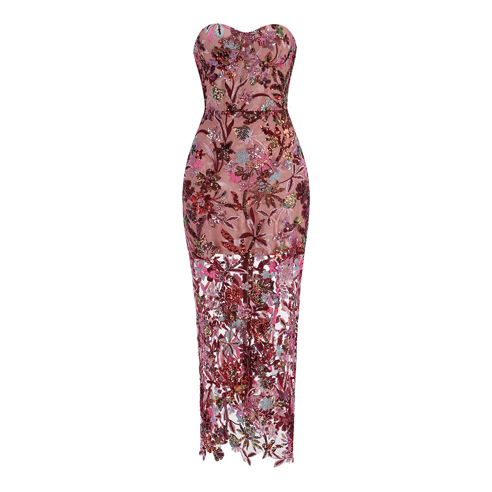 VC Floral Embroidery Sequins Long Dress Strapless Mesh